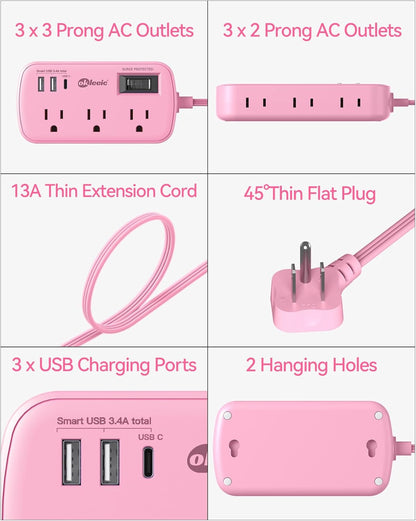 Pink Extension Cord - 5Ft Travel Power Strip with 3 USB(1 USB C) 17W Charging Station and 6 Outlets, Pink Desk Accessories with Surge Protector for Cute Kawaii Gifts College Dorm Desk