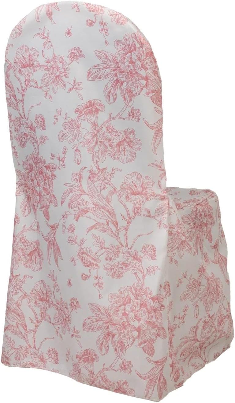 Balsa Circle 10 White and Pink Floral French Toile Polyester Banquet Chair Covers Wedding Linens Party Dining Reception Decorations Supplies