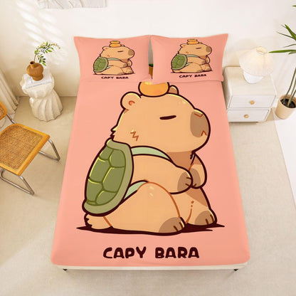 Manfei Cartoon Capybara Bed Sheet Turtle Shell Kawaii Bedding Sets (1 Fitted,1 Flat,2 Pillowcases) Lazy Cute Animal Luxury Deep Pocket Bed Sheets Kids Boys Girls Queen Peach Pink