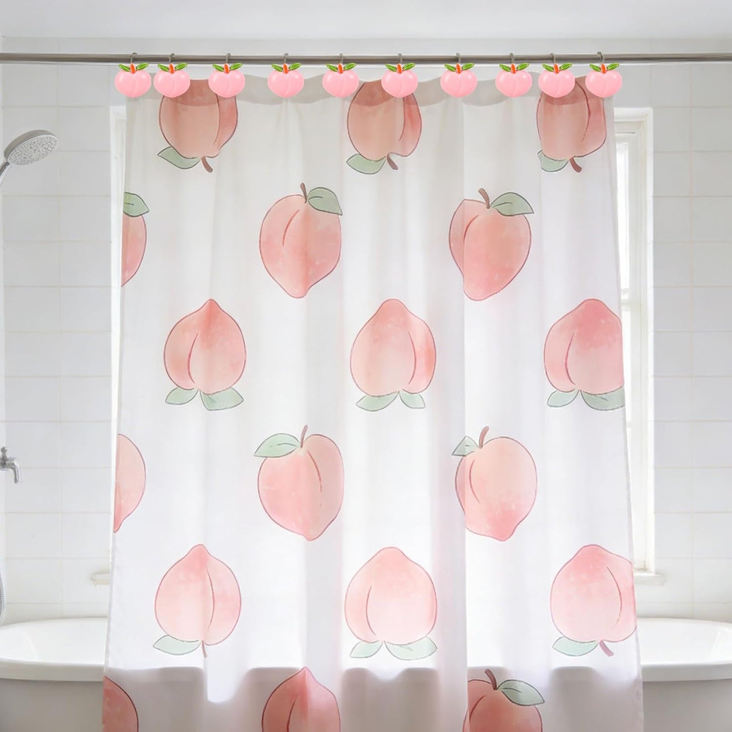 Whaline 12Pcs Peach Shower Curtain Hooks Decorative Shower Rod Rings Cute Fruit Resin Curtain Hanger Hooks for Summer Living Room Bedroom Bathroom Decor