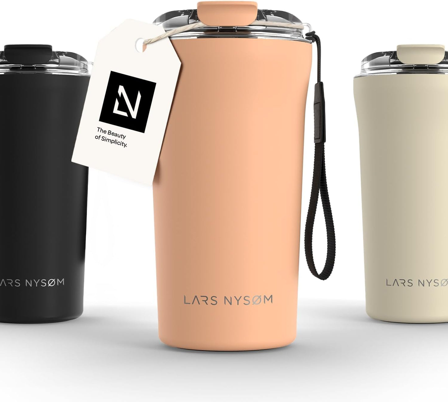 LARS NYSØM Thermo Coffee Mug to go with Strap 17oz | Travel Mug 0.5 Liter with Insulation | Leak Proof Stainless Steel Thermal Tumbler for Coffee and Tea to Go (Creamy Peach, 17 oz)