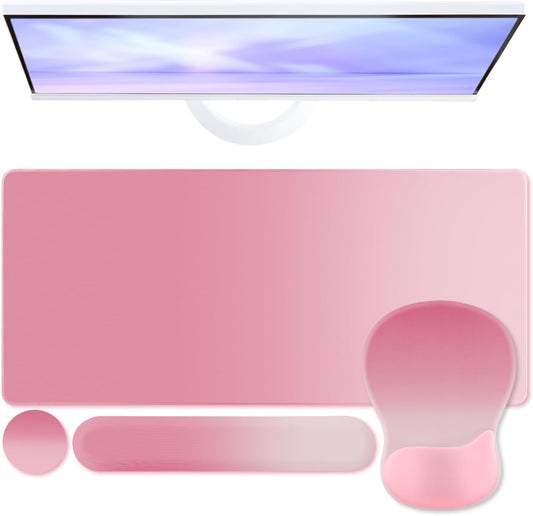 Boutilon Mouse Pad Set,Desk Writing Pad with Wrist Rest, Ergonomic Wrist Support Mouse Pad, Keyboard Wrist Rest, Cup Coaster for Gaming Working Home Office (Rose Pink)