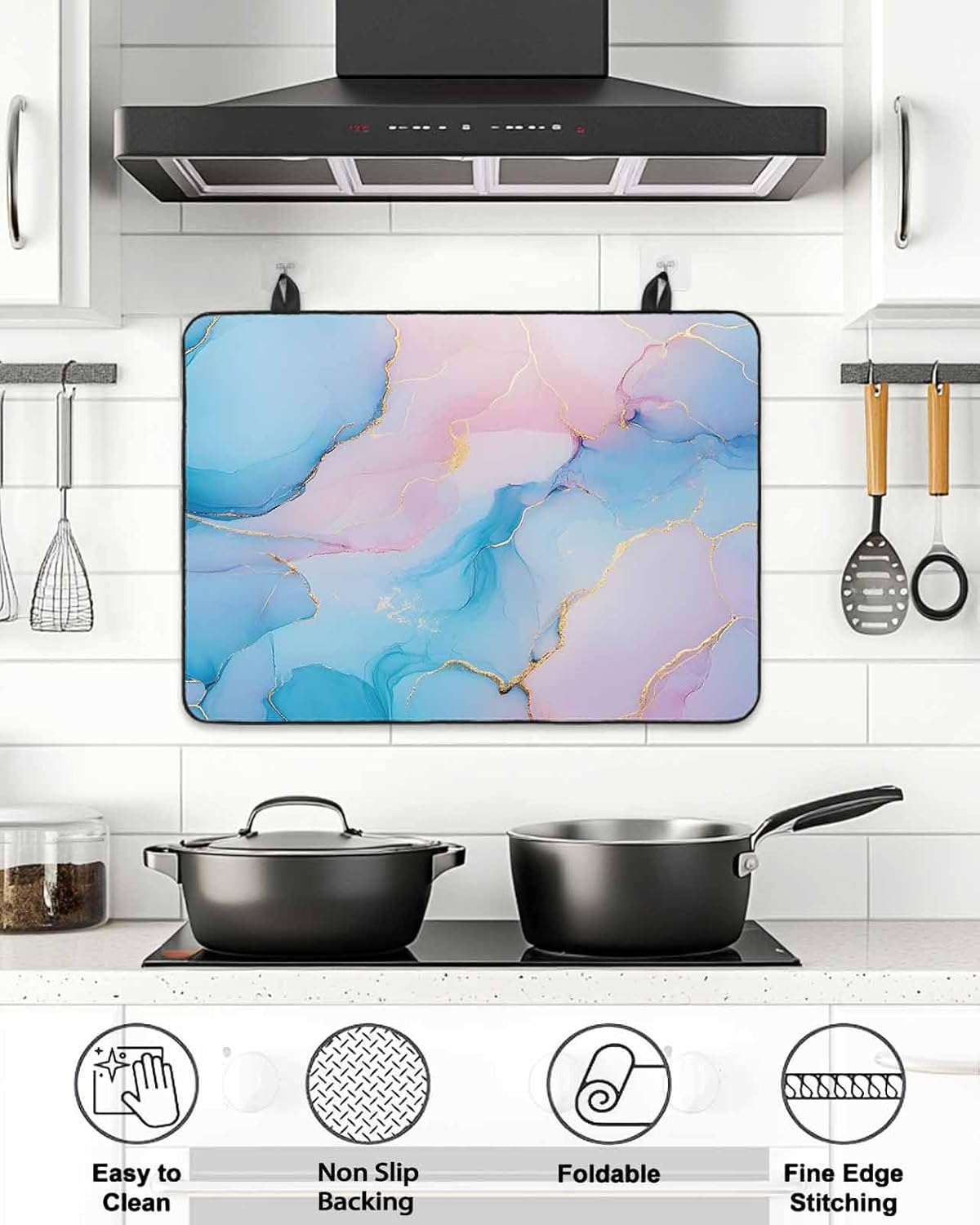 Light Pink Blue Marble Stove Top Cover for Electric Stove Modern Art Abstract Gold Texture Ombre Heat Insulation Stove Mat for Glass Top Flat Cooktop Countertop Protector Dish Drying Mat 28.5"x20.5"