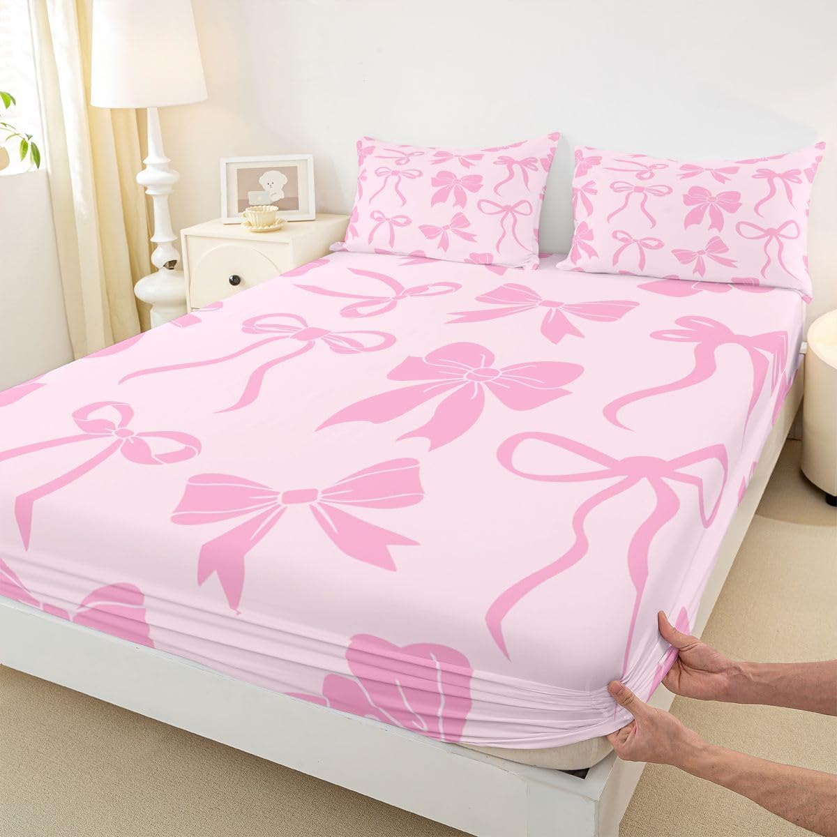 Feelyou Bow Bed Sheets Sets Queen Size Kids Boys Girls Cute Bowknot Bedding Set Pink Peach Bed Sheet Set with 16-Inch Deep Pockets 4Pcs with 2 Pillow Cases