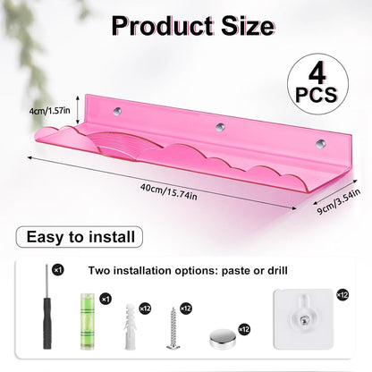 Rainbow Acrylic Floating Shelves, 15in Kids Wall Mounted Nursery Bookshelves, Display Ledge for Books Toys Cosmetic Storage, Bathroom Bedroom Living Room Wall Organizer, 4 Pack, Pink