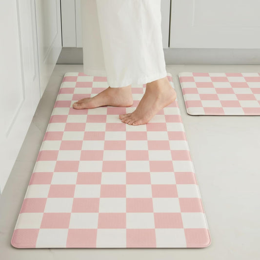 Ohocut Pink Checkered Kitchen Mats for Floor Set of 2, 2 Pcs Cushioned Non Slip Runner Rugs for Kitchen/Sink/Laundry, Comfort Aesthetic Cute Anti-Fatigue Foam Floor Mat 17.3"x29.5"+17.3"x47.2"