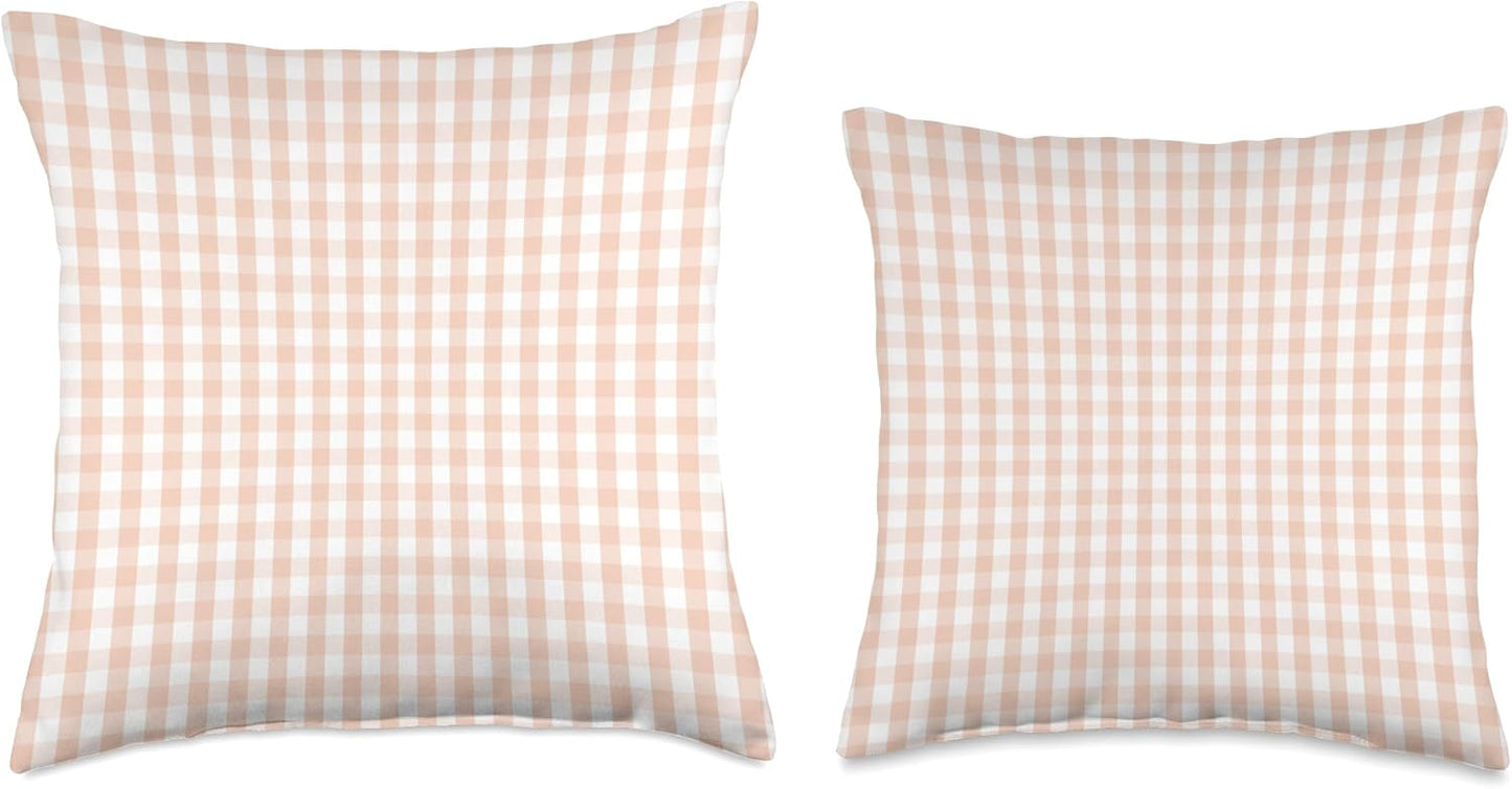 White and Peach Pastel Color Gingham Check Throw Pillow