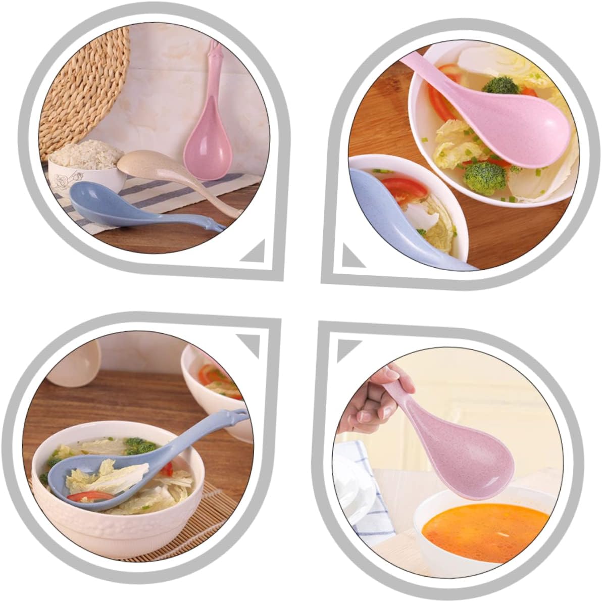 LABRIMP 4pcs Long Handle Soup Spoons Lightweight Kitchen Utensils for Hot Pot Porridge and Cereal Easy to Clean and Ergonomic Design Blue Green Beige Pink