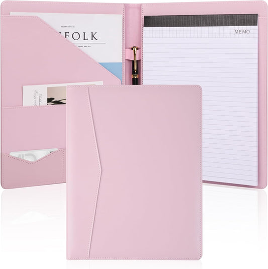 Pacific Mailer Padfolio Portfolio Leather Binder, Interview Legal Document Organizer, Business Card Holder Included Letter Sized Writing Pad [Pink, Piano Noir Faux Leather Matte Finish]