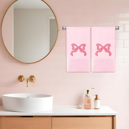 FYSUIMU 2 Pack Pink Bow Hand Towel Cotton Embroidered Cute Bowknot Bathroom Towel Dish Towels for Kitchen Hand Drying Cleaning Cooking, 29.5 x 13.7 Inch