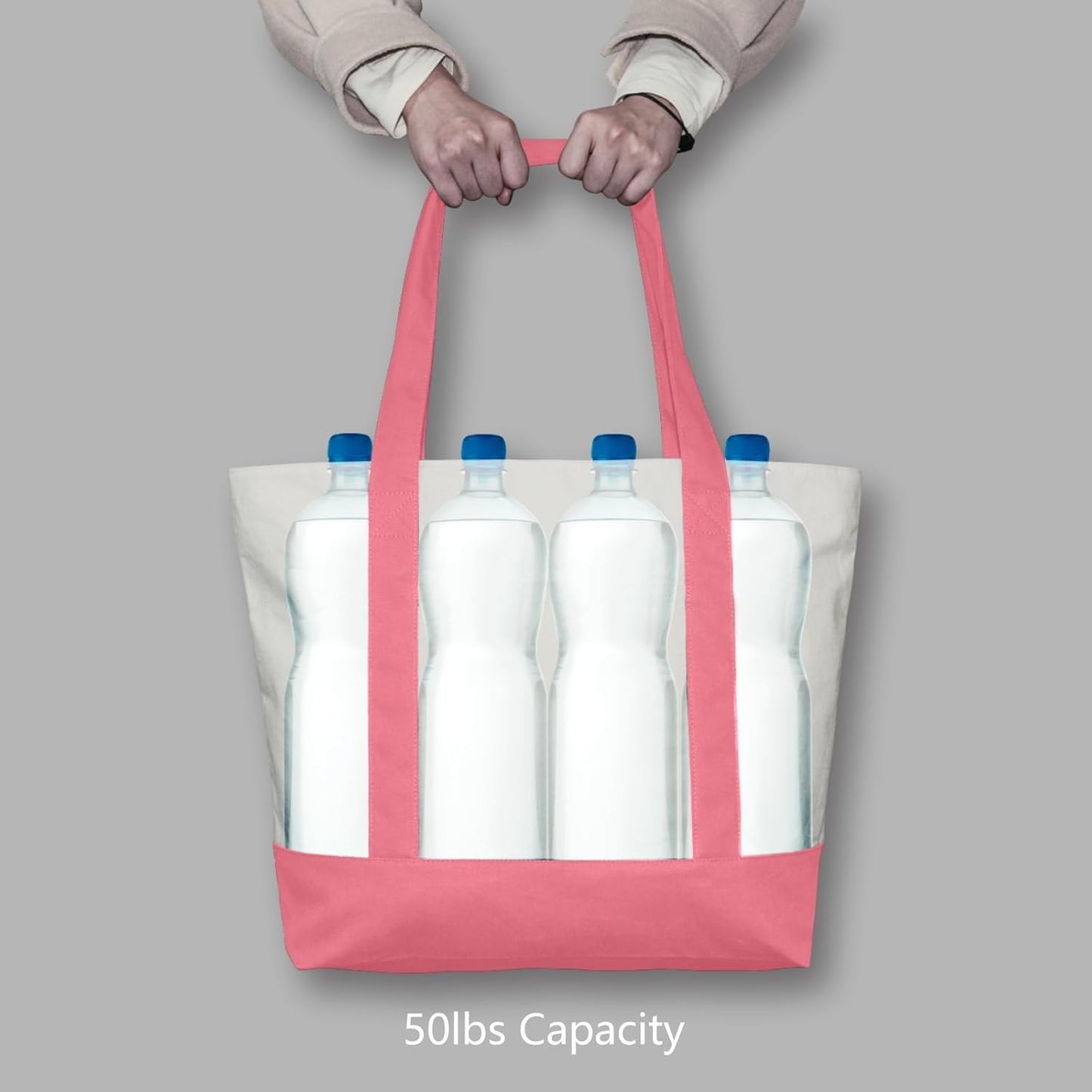 TOPDesign 1-Pack Canvas Tote Bag with an External Pocket, Reusable Grocery Shopping Bag, Top Zipper Closure, Daily Essentials (Rose Pink/Natural)