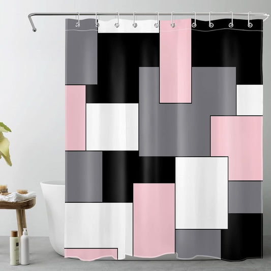 HVEST Modern Pink Shower Curtain with Hooks, Grey Black and White Abstract Geometric Shower Curtain for Bathroom, Mid Century Minimalist Bathroom Decor Curtains, 60W X72L inches