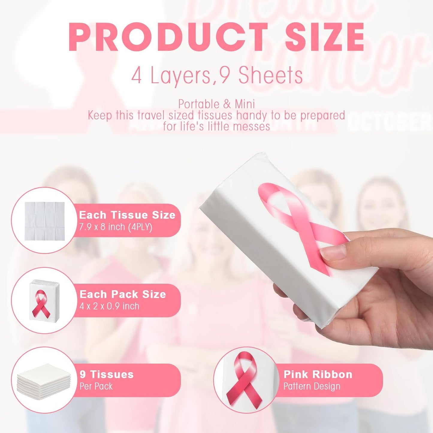 Tenceur 50 Pcs Breast Cancer Awareness Pocket Tissue Bulk 4 Ply Travel Mini Portable Pink Ribbon Pocket Facial Tissue for Women Cancer Survivor Gift Charity Event Supplies Party Favor(White, Pink)