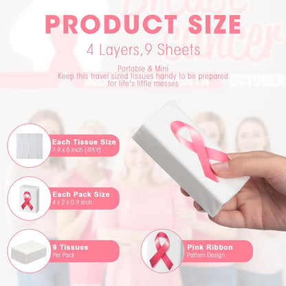 Tenceur 50 Pcs Breast Cancer Awareness Pocket Tissue Bulk 4 Ply Travel Mini Portable Pink Ribbon Pocket Facial Tissue for Women Cancer Survivor Gift Charity Event Supplies Party Favor(White, Pink)