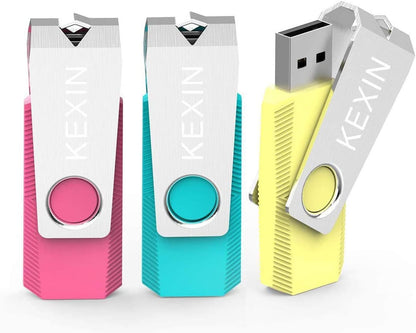 KEXIN Flash Drive 64GB 3 Pack 64 GB Thumb Drive Swivel Pen Drive Data Storage USB Stick with LED Indicator 64G Pink Yellow Cyan