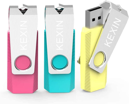 KEXIN Flash Drive 64GB 3 Pack 64 GB Thumb Drive Swivel Pen Drive Data Storage USB Stick with LED Indicator 64G Pink Yellow Cyan