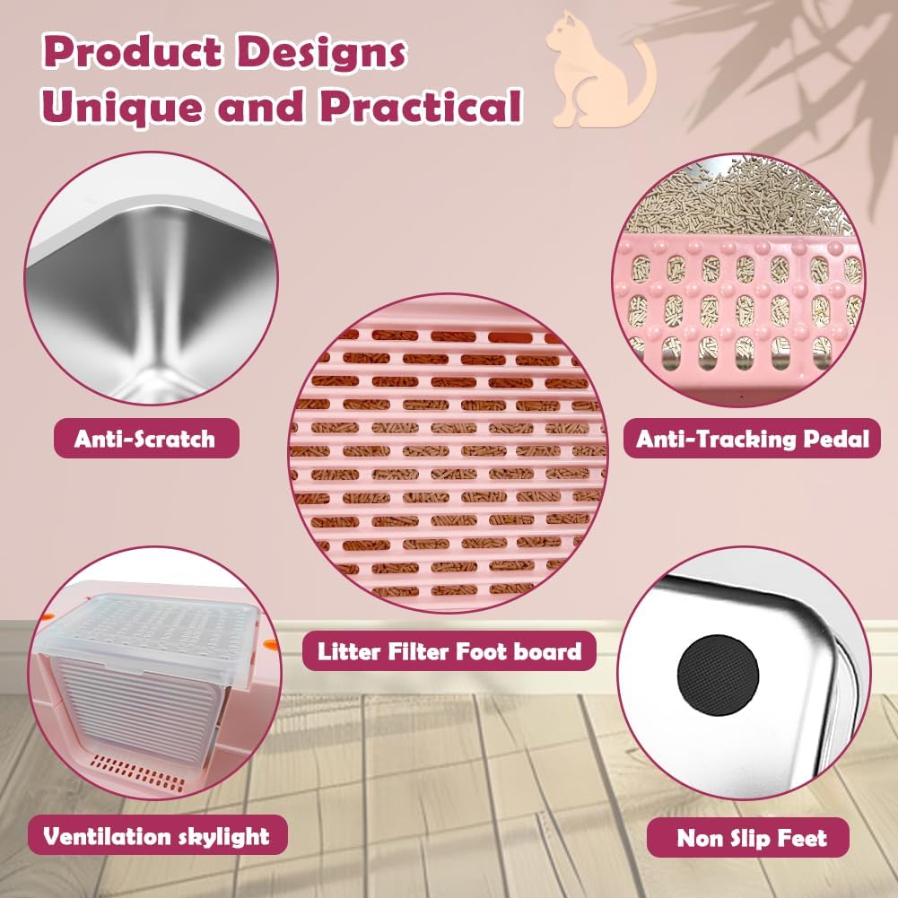 Vivifying Pink Stainless Steel Covered Cat Litter Box – Odor-Control, Easy-Clean Modular Enclosed Kitty Toilet, Elegant Design for Stylish Cat Moms