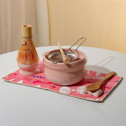Matcha Whisk Set, 8 Pcs Japanese Ceremony Matcha Tea Powder Making Tools with Pink Bowknot Ceramic Bowl, Bamboo Whisk and Holder, Scoop, Strainer, Ideal for Mat-cha Lovers