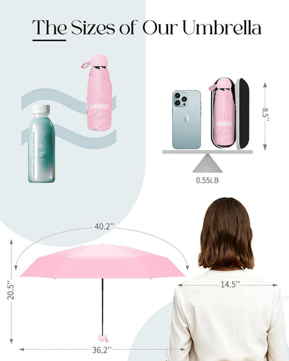 Seniny Mini Portable Travel Umbrella with Case - Compact Umbrellas for Rain & Sun UV Protection for Backpack Pocket, Lightweight Folding Small Umbrella, Tiny Purse Size UV Blocker for Kids Women Girls