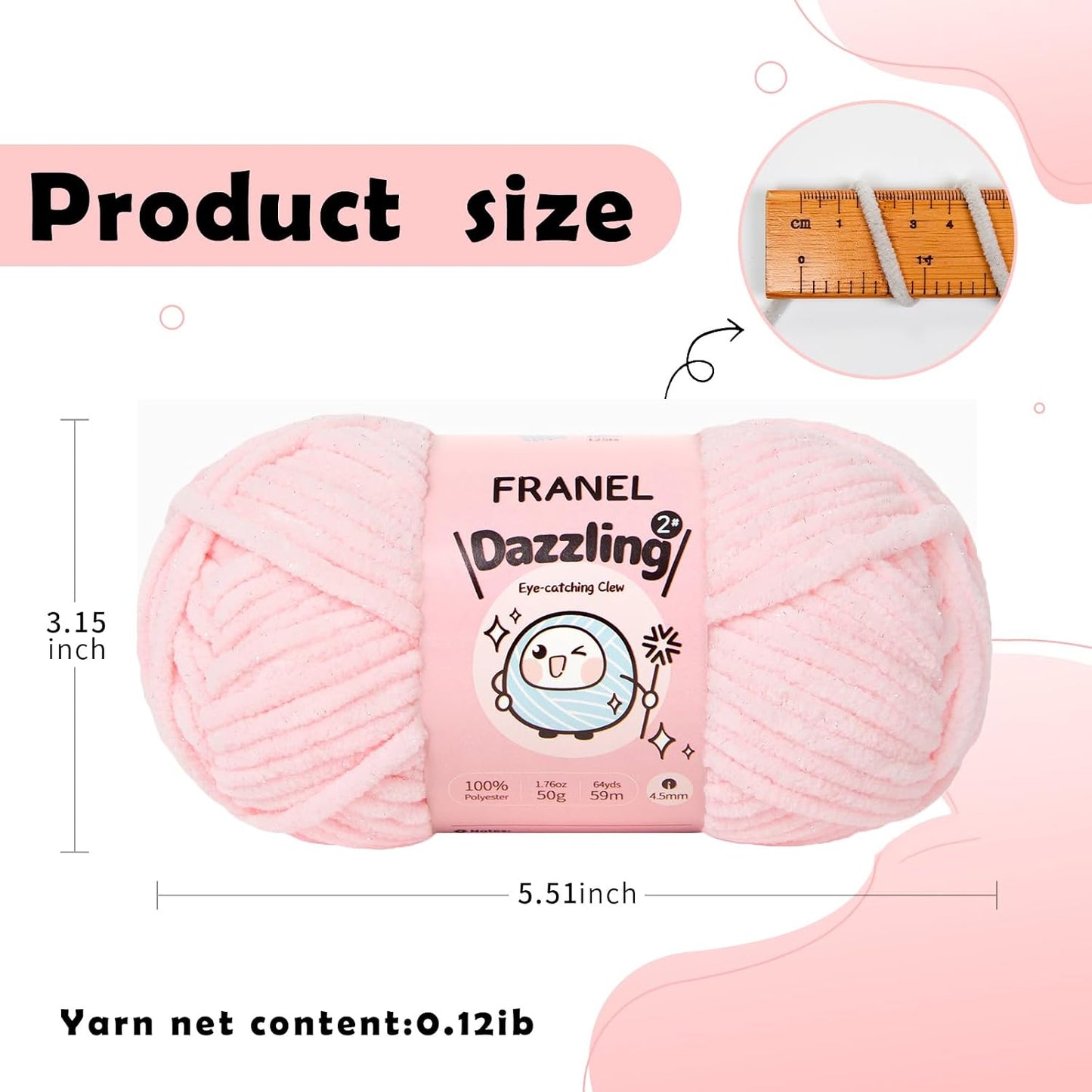 Franel Sparkle Chenille Yarn for Crocheting, #6 Super Bulky Sparkly Velvet Yarn, Starry Shimmer Soft Plush Yarn for Amigurumi, Baby Blankets & DIY Crafts, 100g/74Yds Each Skein (Light Pink, 3 Pack)