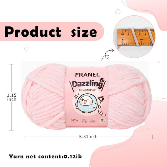 Franel Sparkle Chenille Yarn for Crocheting, #6 Super Bulky Sparkly Velvet Yarn, Starry Shimmer Soft Plush Yarn for Amigurumi, Baby Blankets & DIY Crafts, 100g/74Yds Each Skein (Light Pink, 3 Pack)