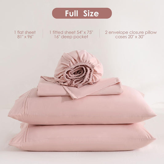 JSD Dusty Pink Full Sheet Set with Side Storage Pocket, 4 Piece Soft Microfiber Bed Sheets Deep Pocket Corner Straps Oeko-Tex Certified