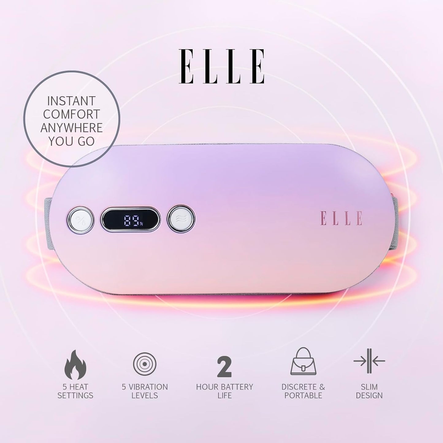 ELLE - Heating Pad for Back Pain & Period Cramps, Rechargeable Waist Heating Belt with Heat & Vibration Massage, USB-C Portable Heating Wrap for Abdomen, Menstrual Relief & Muscle Comfort (Pink)
