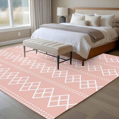 Peach Pink Checkered Area Rug 6x9ft Abstract White Geometric Argyle Stripe Non-Slip Washable Rectangle Rugs Soft Felt Indoor Floor Mat for Bedroom Kitchen Living Room Bathroom