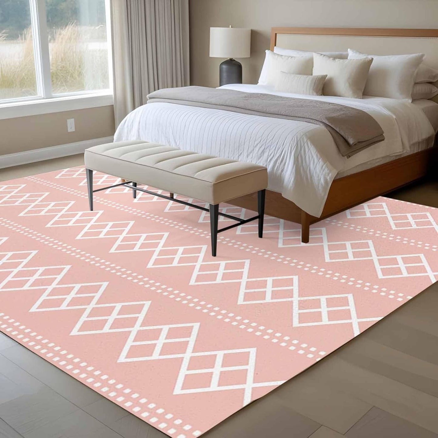 Peach Pink Checkered Area Rug 6x9, Abstract White Geometric Argyle Stripe Non Slip Area Rugs for Living Room, Soft Floor Mat Washable Low Pile Carpet for Bedroom, Dining Room, Entryway