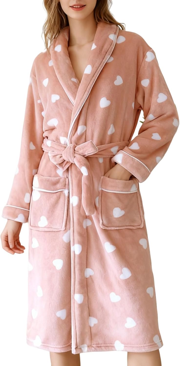codcm Womens Flannel Robe Cute Heart Print Shawl Collar Sleepwear Fleece Belt Kimono Soft Bathrobe with Pockets