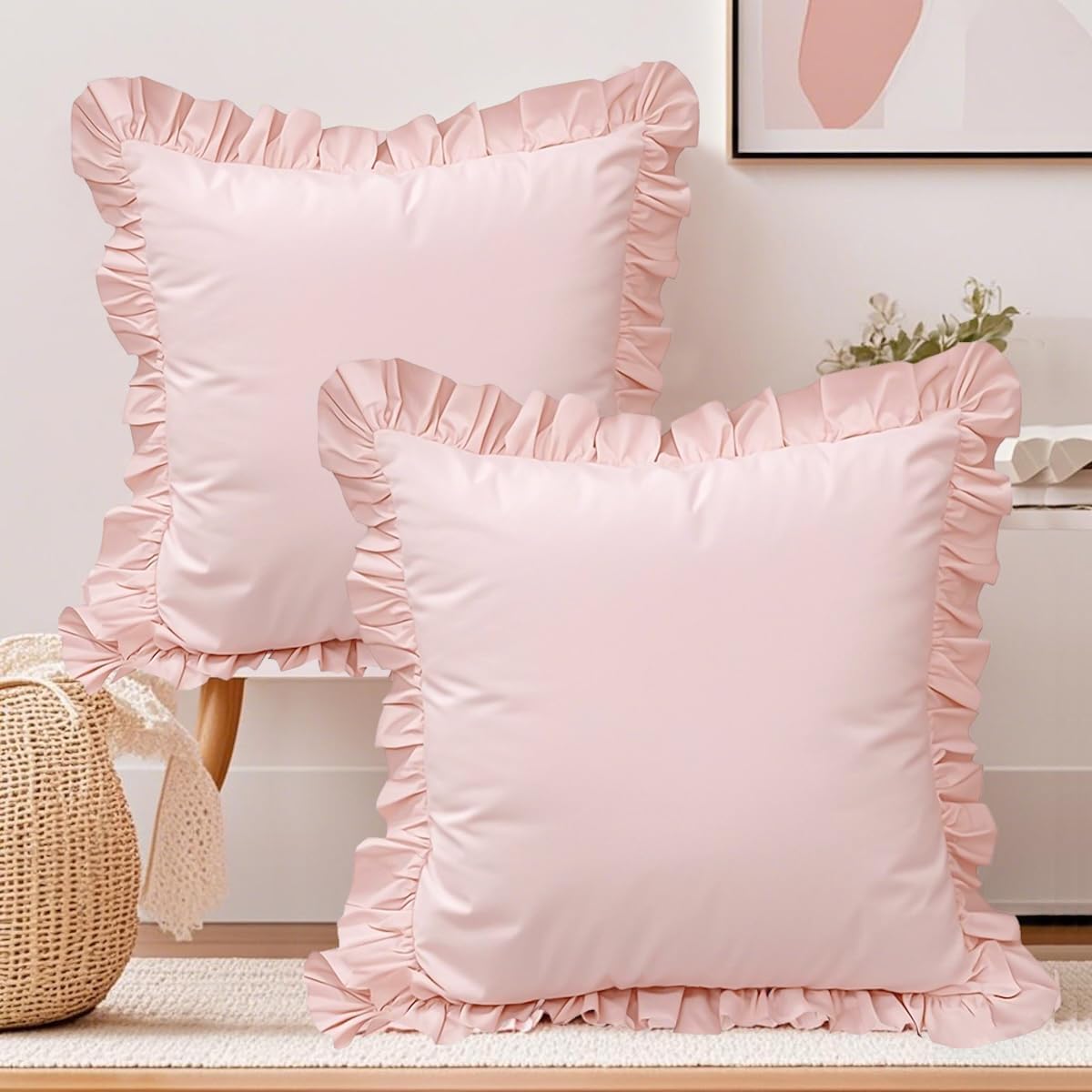 QSH Pink Ruffled Euro Pillow Shams Set of 2, Shabby Boho Chic Farmhouse Euro Pillow Covers Vintage Ultra Soft and Breathable Microfiber Pillowcases 26"x26" for Bedroom