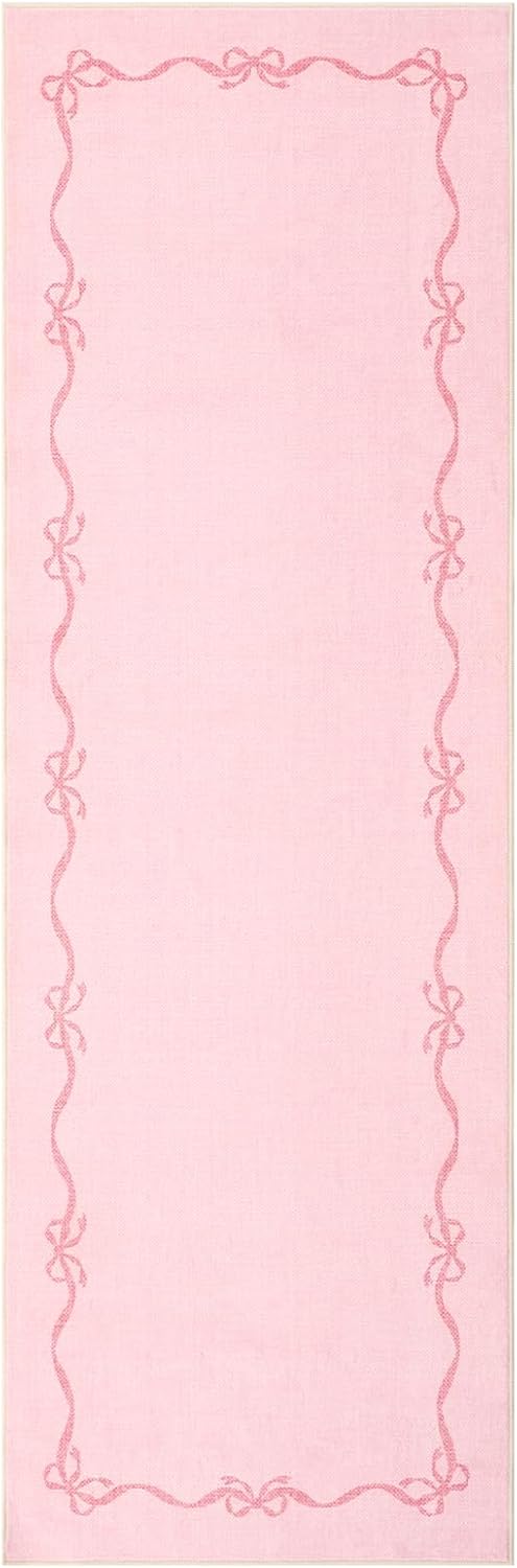 Garvee 2x6 Bow Runners for Hallways Non Slip, Kitchen Runner Rug Solid Pink Rugs for Bedroom Girls, Soft Low Pile Washable Floor Mat Coquette Rug for Nursery Entryway Dorm Laundry Room