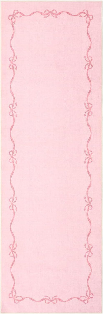 Garvee 2x6 Bow Runners for Hallways Non Slip, Kitchen Runner Rug Solid Pink Rugs for Bedroom Girls, Soft Low Pile Washable Floor Mat Coquette Rug for Nursery Entryway Dorm Laundry Room