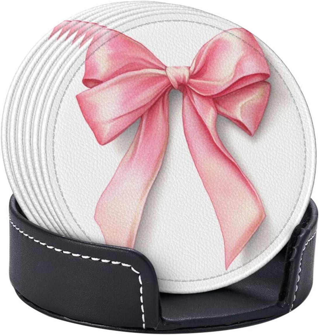 Watercolor Light Pastel Pink Ribbon Bow Premium Leather Coasters, Set of 6 with Holder, Stylish Beverage Coasters for Kitchen Coffee Bar
