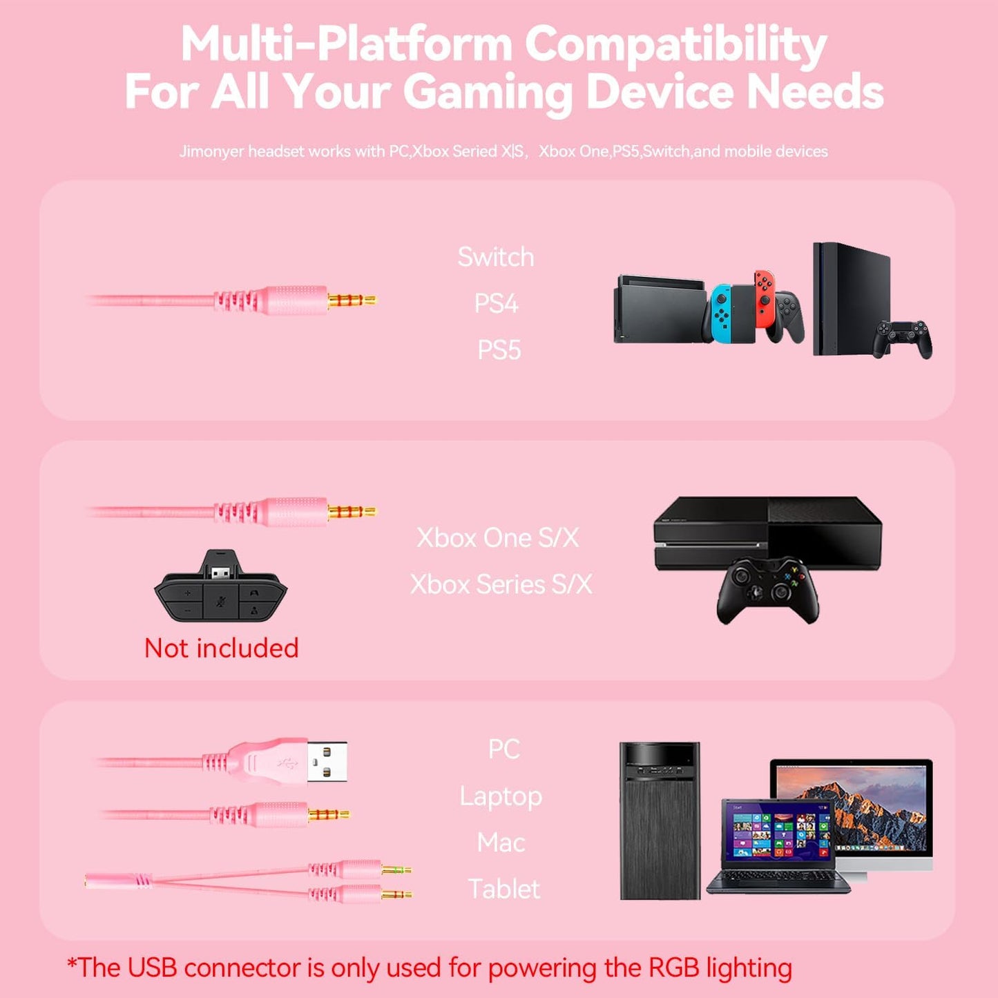 Jimonyer Gaming Headset with Microphone, 7.1 Surround Sound and Noise Canceling Over Ear Headphones for PC/PS5/PS4/Xbox Series/Switch, RGB Light and Soft Memory Earmuffs (Pink)