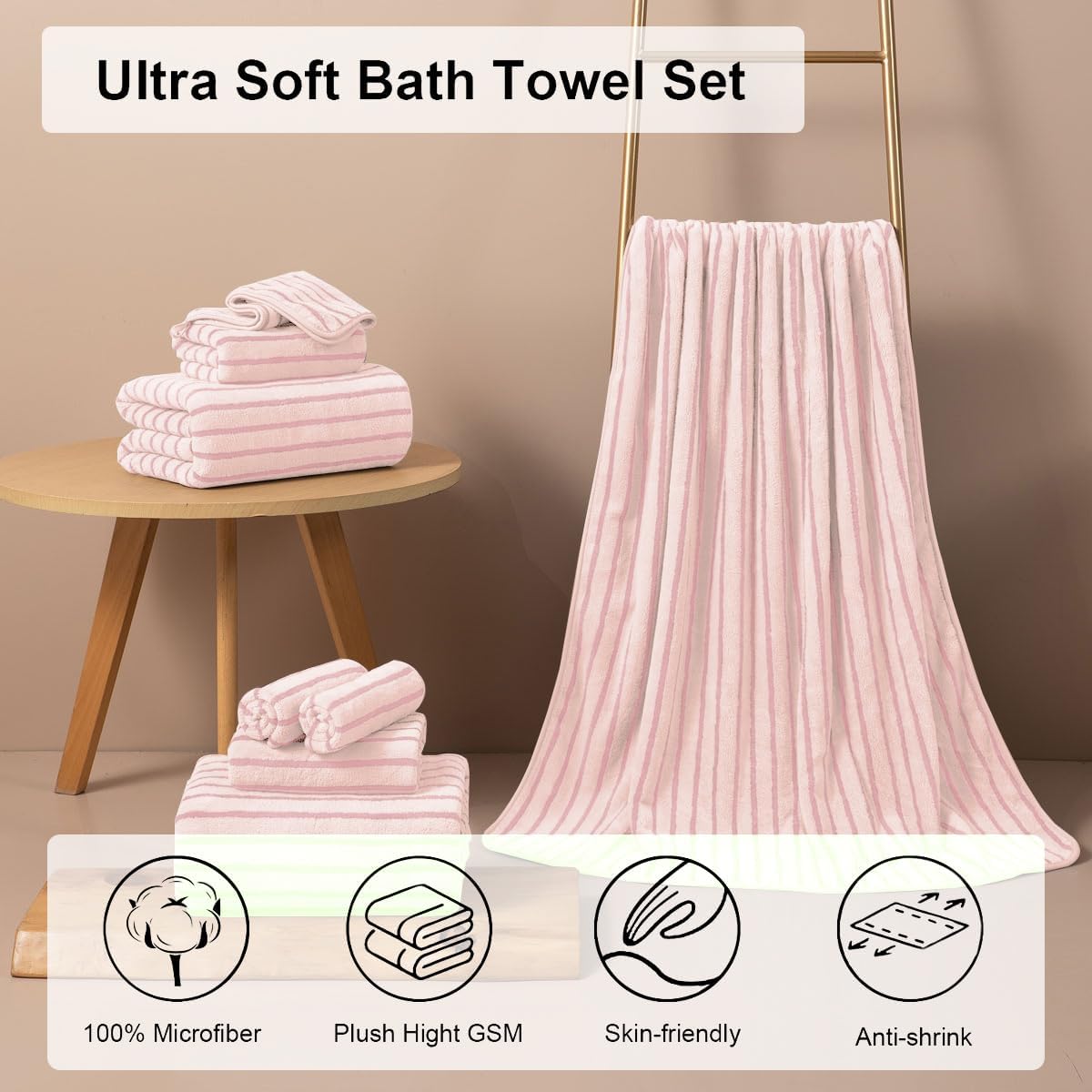 8 Pcs Pink Cabana Stripe Large Bath Towels Set Oversized Bath Sheet-2 Bathroom Towels,2 Hand Towels,4 Washcloths Soft Jumbo Absorbent Shower Towel Quick Dry Beach Chair Towel Spa Gym Hotel