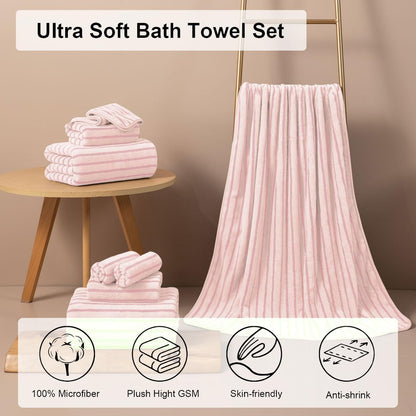 8 Pcs Pink Cabana Stripe Large Bath Towels Set Oversized Bath Sheet-2 Bathroom Towels,2 Hand Towels,4 Washcloths Soft Jumbo Absorbent Shower Towel Quick Dry Beach Chair Towel Spa Gym Hotel