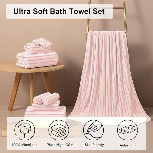 8 Pcs Pink Cabana Stripe Large Bath Towels Set Oversized Bath Sheet-2 Bathroom Towels,2 Hand Towels,4 Washcloths Soft Jumbo Absorbent Shower Towel Quick Dry Beach Chair Towel Spa Gym Hotel