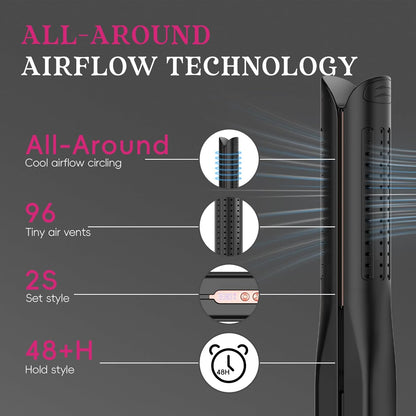 SKIMI Airflow Styler 2.0 Titanium Flat Iron Hair Straightener & Curling Wand, 96 Cool Air Vents for 48H Lasting Style, Dual Voltage for Travel & Home, Anti-Tangle, 5 Temps (Black & Gold Pink).