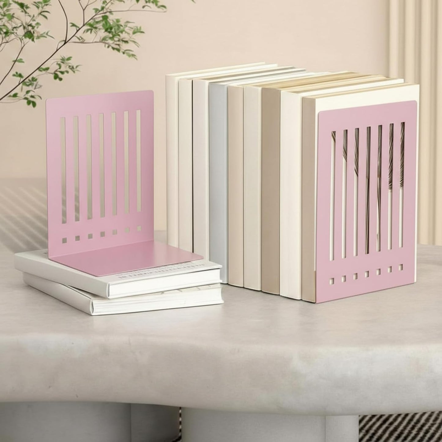 4 Pcs 10 Inch Heavy Duty Bookends Non-Skid Base Large Heavy Duty Book Ends Stopper for Office Books Vinyl Records Shelves Binders (Pink)