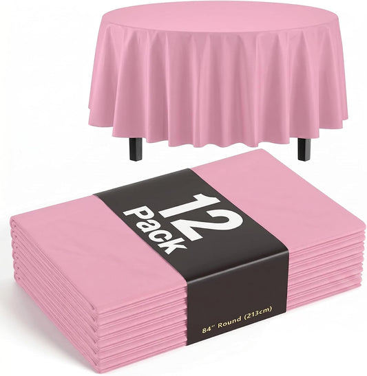 Exquisite 12-Pack Premium Plastic Tablecloth 84in. Round Table Cover - Pink
