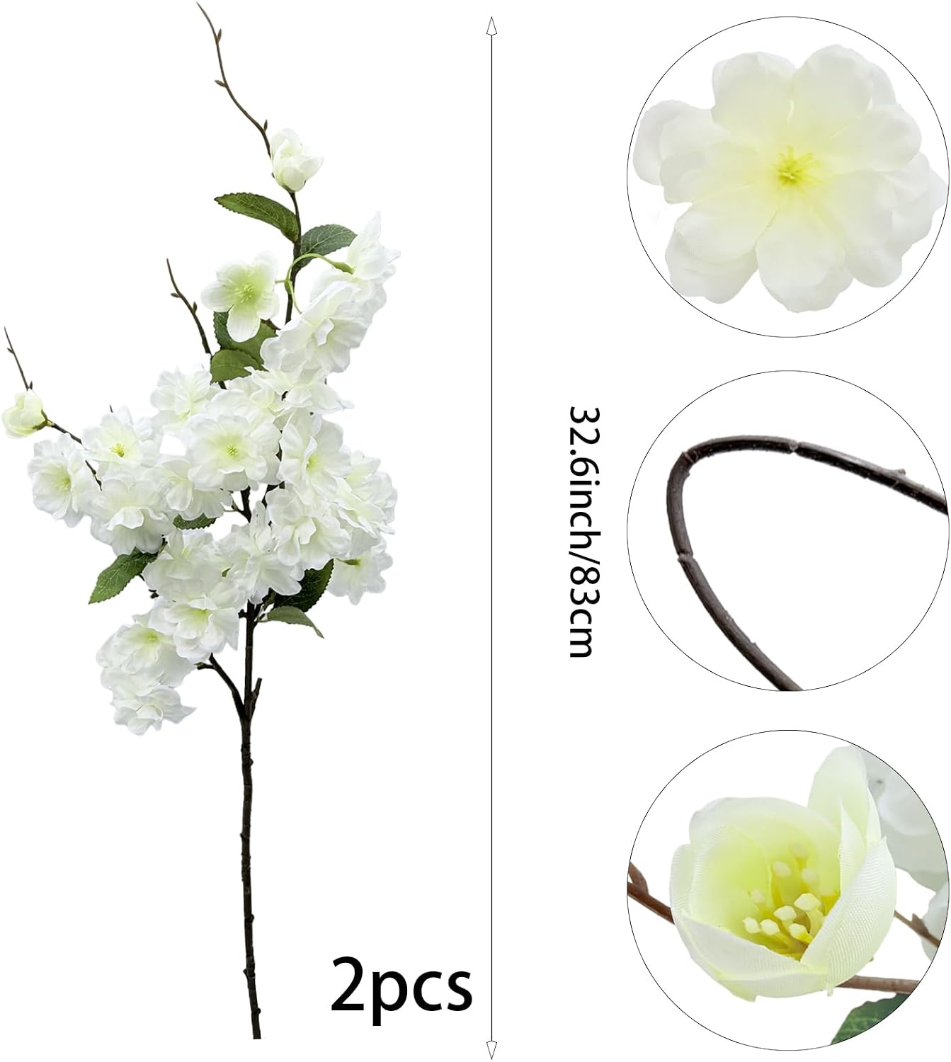 2pcs Artificial Cherry Blossom Flower Bulk Plum White Silk Peach Flowers Cherry Blossom Branches with Leaves for Spring Summer Decor Home Wedding Party Table Centerpieces