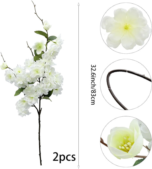 2pcs Artificial Cherry Blossom Flower Bulk Plum White Silk Peach Flowers Cherry Blossom Branches with Leaves for Spring Summer Decor Home Wedding Party Table Centerpieces