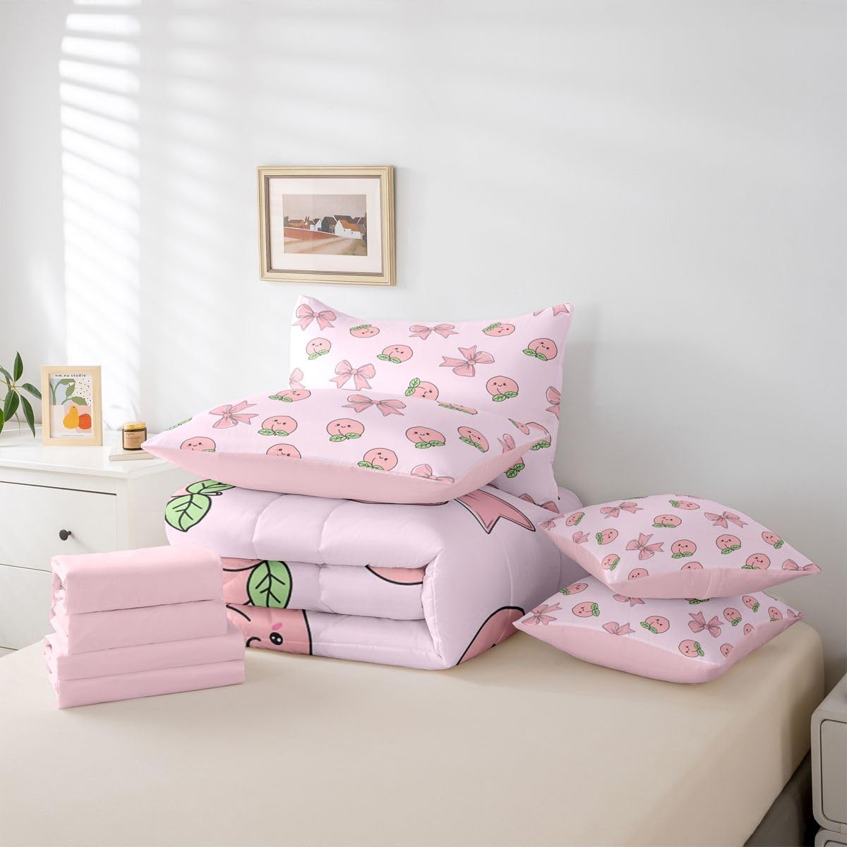 Erosebridal Bowknot 7 Piece Bedding Set Twin Peach Comforter Set with Sheets Cute Cartoon Peaches Kawaii Pink Bow Bed in a Bag Fruit Princess Ribbon Bowtie for Kids Boys Girls