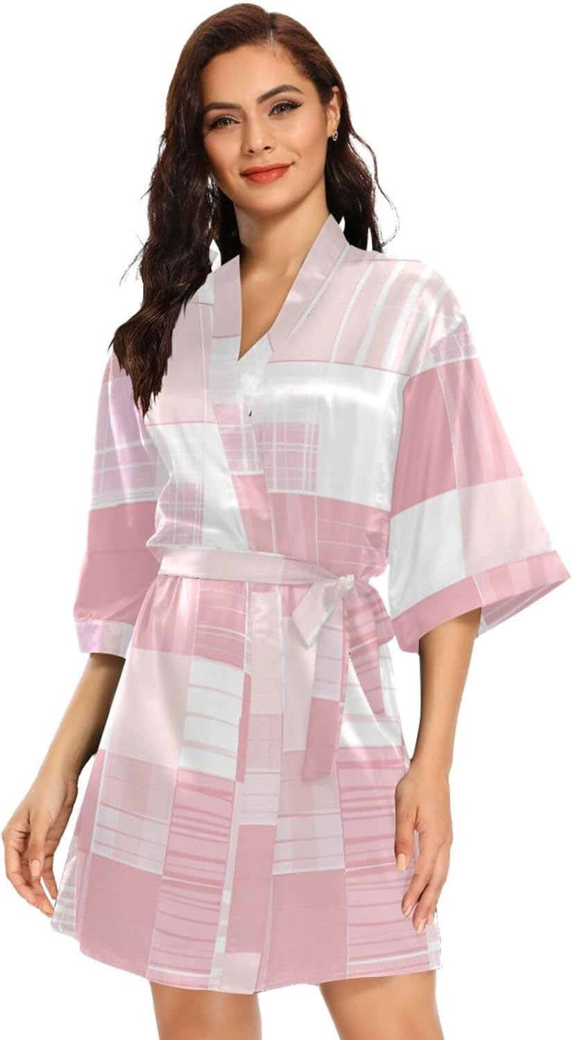 Light Blush and White Checkered Pattern Womans Bathrobes with Pockets Long Nightshirt after Shower