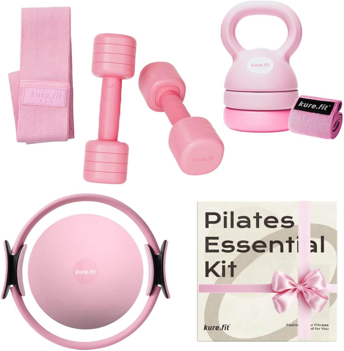 Pink Adjustable Kettlebell 5lb to 12lb Adjustable Dumbbell Set 2lb to 5lb and Pilates Kit Bundle