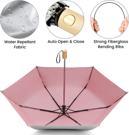 G4Free UPF 50+ UV Protection Travel Umbrella with Wooden Handle, 42 Inch Lightweight Sun Rain Folding Umbrellas Auto Open Close (Pink)