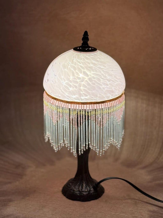 Vintage Beaded Stained Glass Table Lamp, Antique Style Victorian Night Light for Home Decor (Pink, 7.8 Inches)