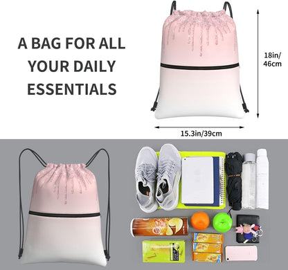 Pink Glitter Drip Drawstring Backpack, Gym Swim Bag Cinch Bag For Women Men With Zipper Pocket