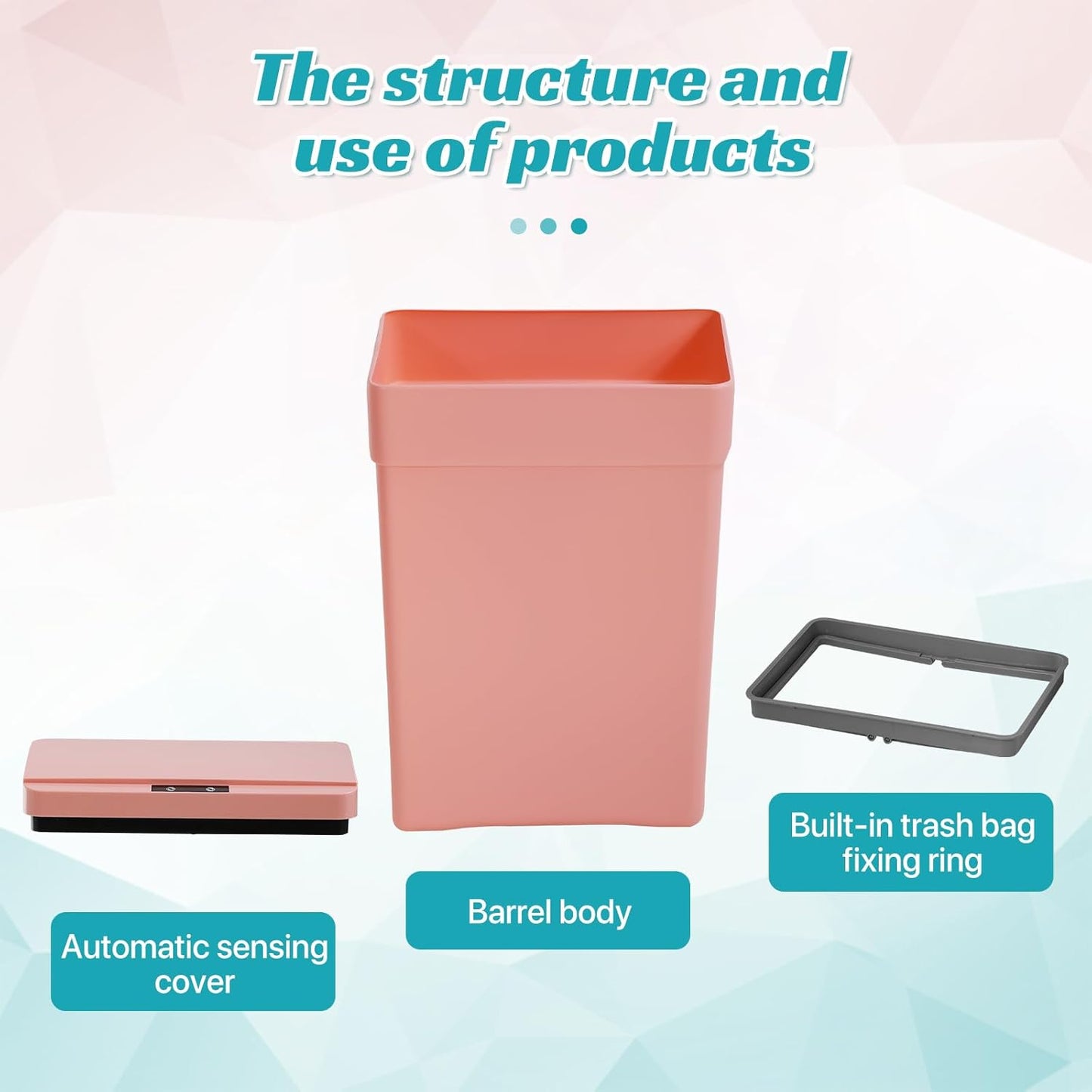 Dkeli Automatic Trash Can 13 Gallon Kitchen Trash Can for Bathroom Bedroom Home Office High-Capacity Plastic Touch Free Garbage Can with Lid Waste Bin 50 Liter, Pink